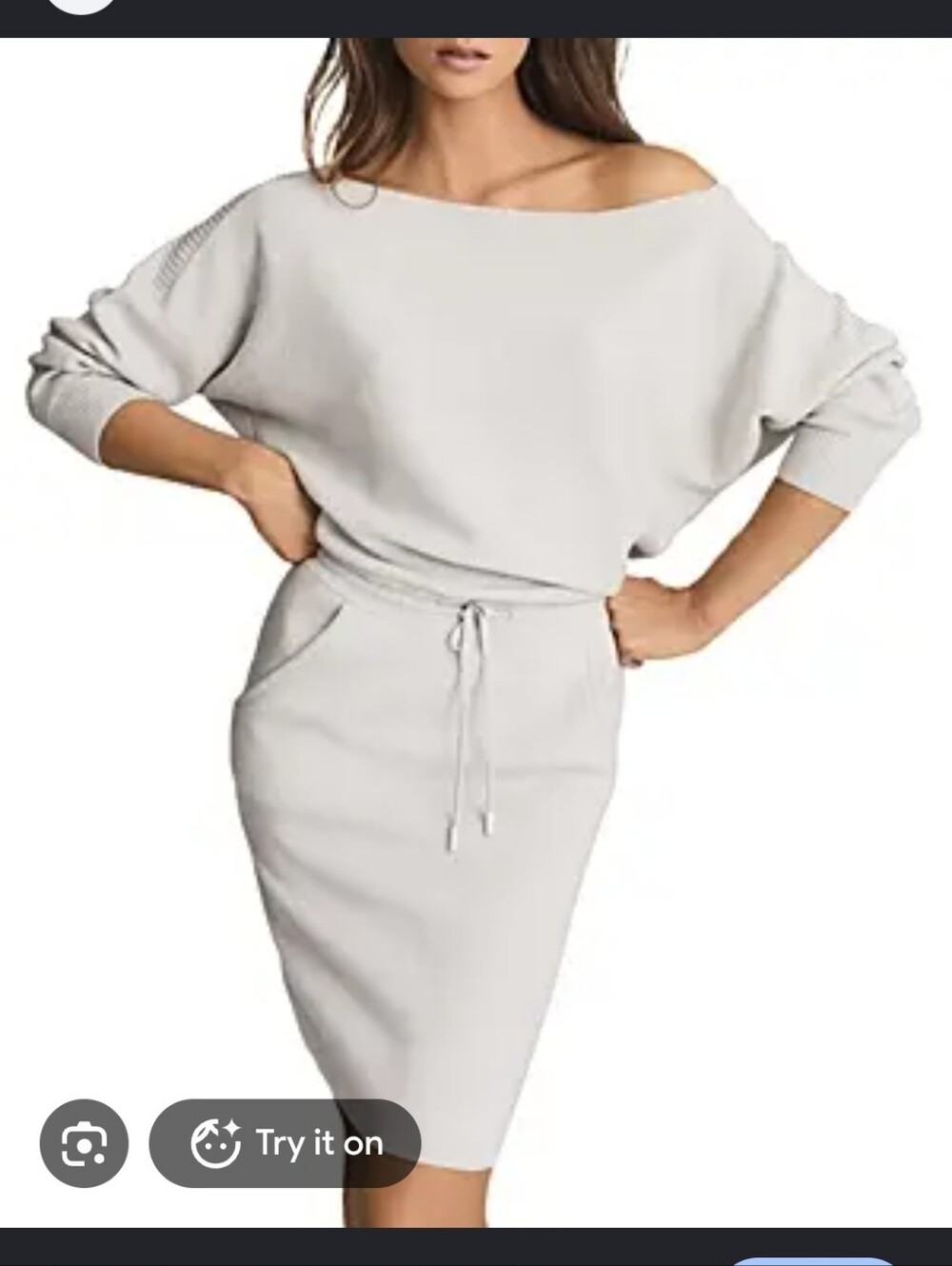 Reiss Off-Shoulder Cream Sweater Dress with Pockets Oversize,  Viscose, Wool,